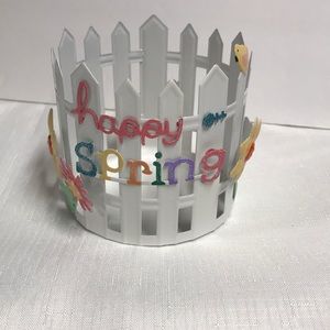 Candle Holder Happy Spring white picket fence style white with pastel details